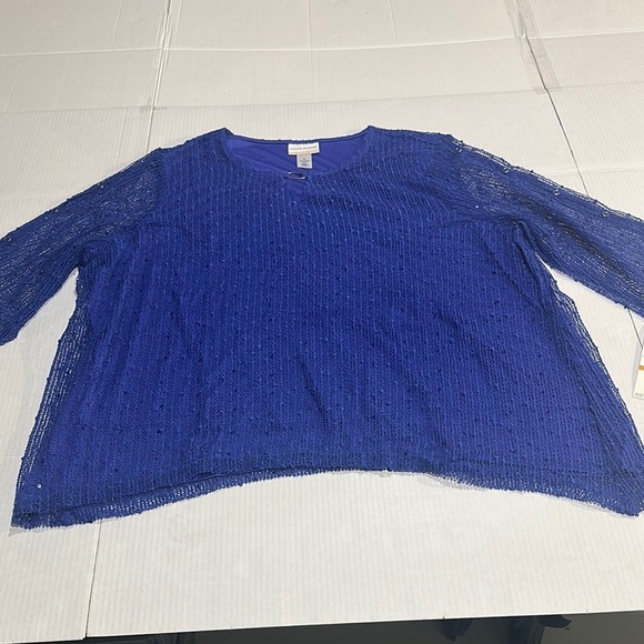 NWT Alfred Dunner Women's Blue Top elbow length w tiny v neck silver accessory - Picture 1 of 13